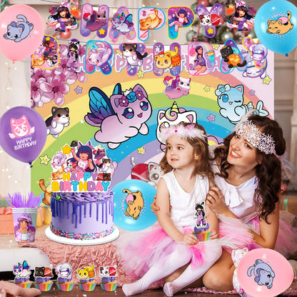 Children's birthday party with colorful decorations, balloons, and a cake.