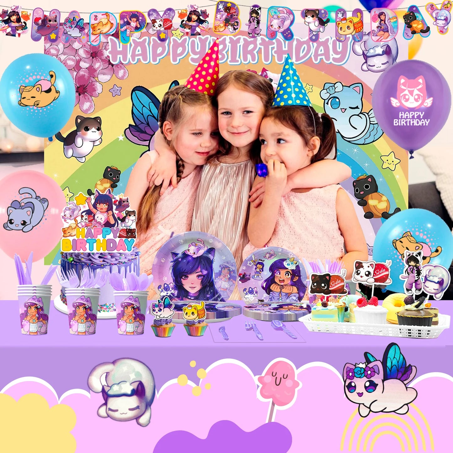 Children with birthday decorations featuring cartoon characters and 'Happy Birthday' text. Aphmau meow theme