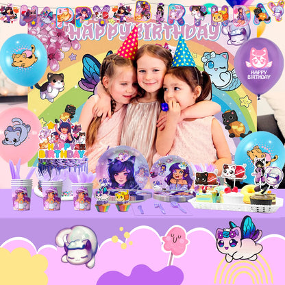 Children with birthday decorations featuring cartoon characters and 'Happy Birthday' text. Aphmau meow theme