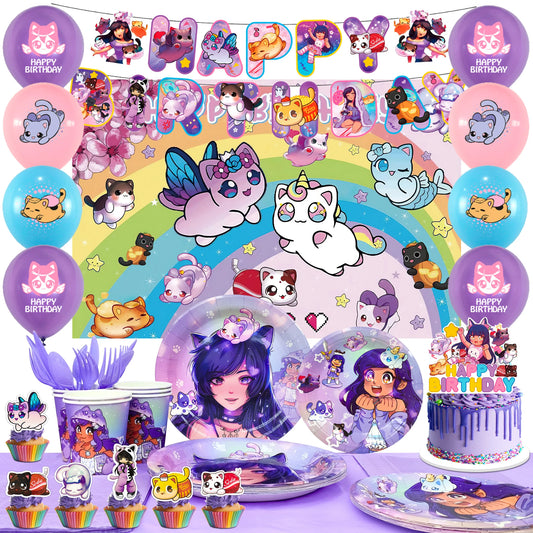 Birthday party supplies with cartoon character-themed decorations, plates, and cake on a purple tablecloth.