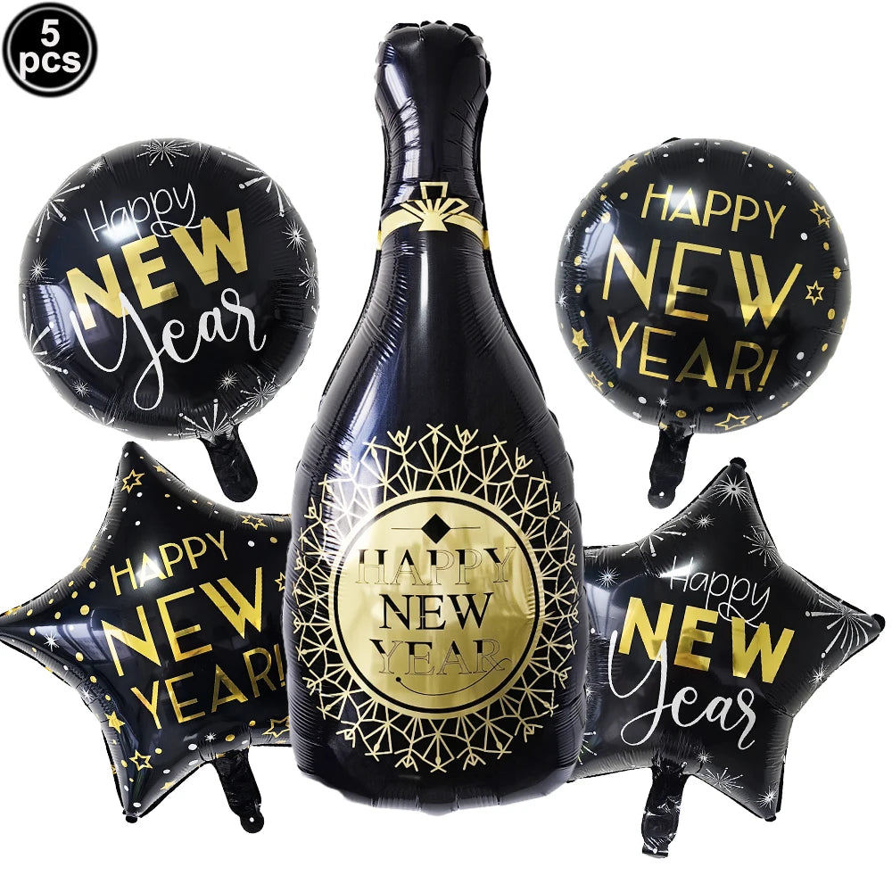 Black and gold happy new year balloon set