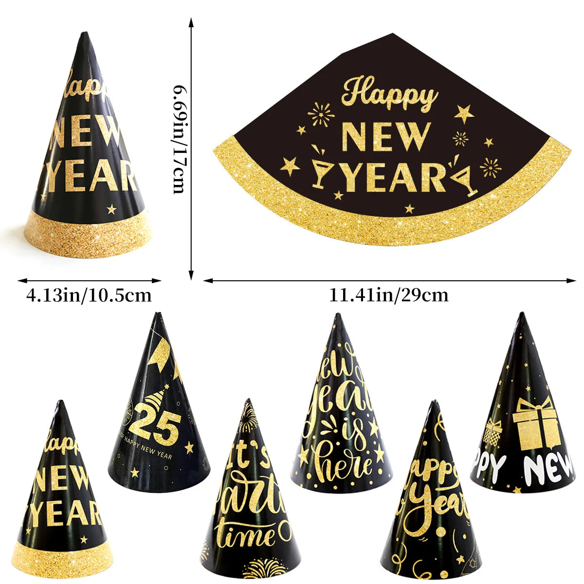 Black and gold New Year's party hats with text and measurements.