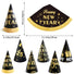 Black and gold New Year's party hats with text and measurements.