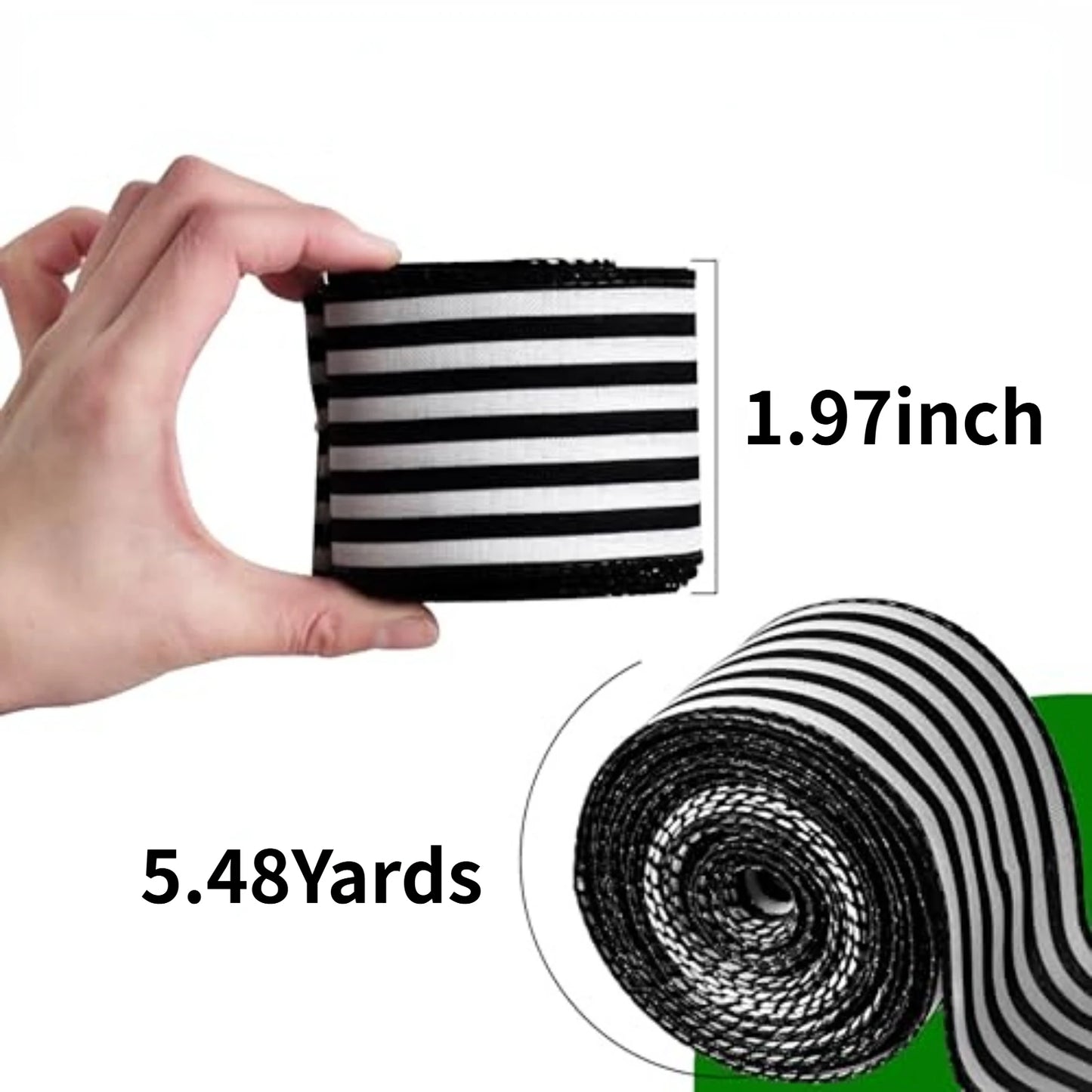 Black and white striped elastic band shown being held by a hand, with text indicating 1.97 inch width and 5.