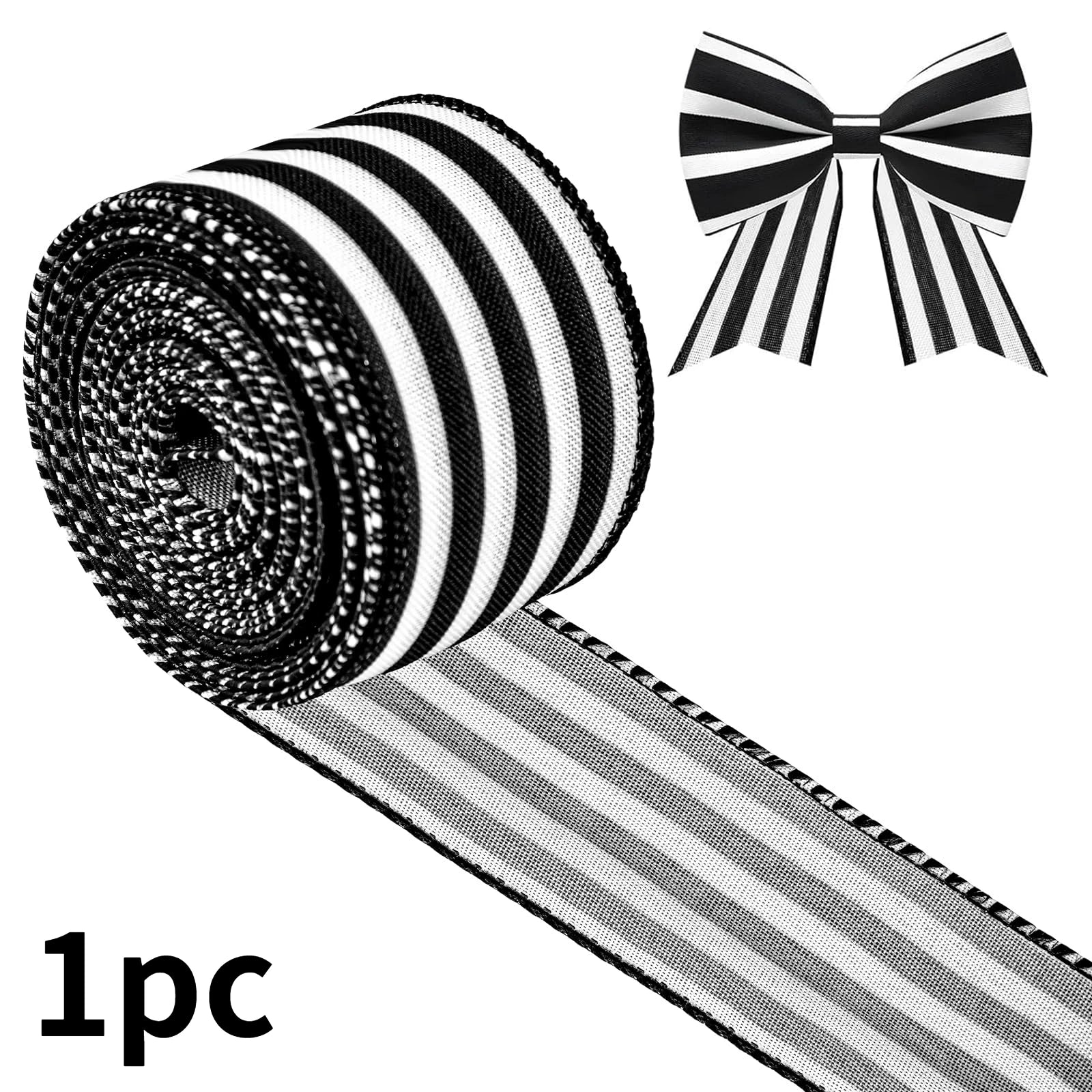 Black and white striped ribbon shown as a rolled spool with a bow example 1 roll