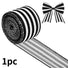 Black and white striped ribbon shown as a rolled spool with a bow example 1 roll