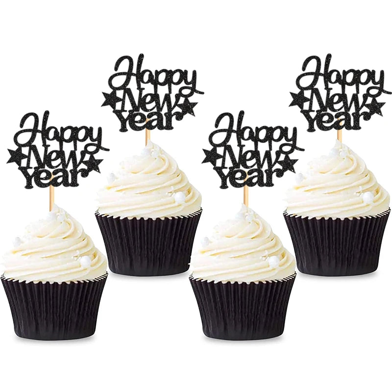 Cupcakes with 'Happy New Year' toppers on a white background