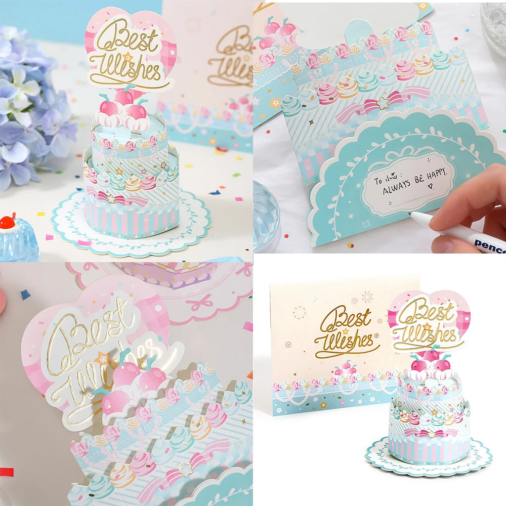 Blue 3d popup best wishes birthday cake card