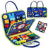 Educational toy set with colorful components and a carrying case on a white background