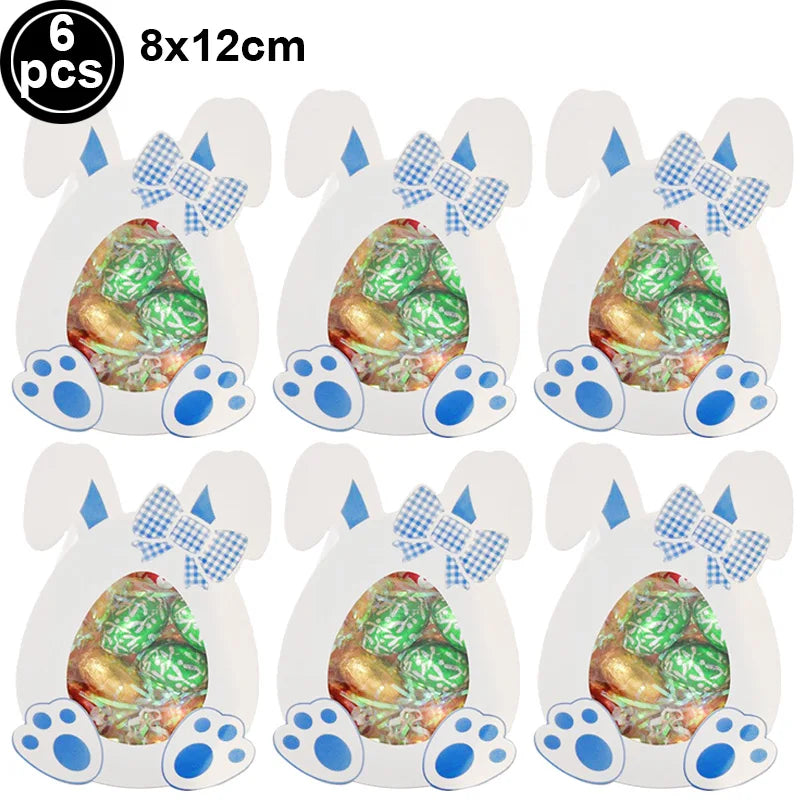 Set of 6 Easter bunny-shaped candy boxes with candies inside, each 8x12cm.