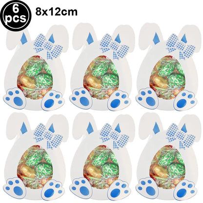 Set of 6 Easter bunny-shaped candy boxes with candies inside, each 8x12cm.