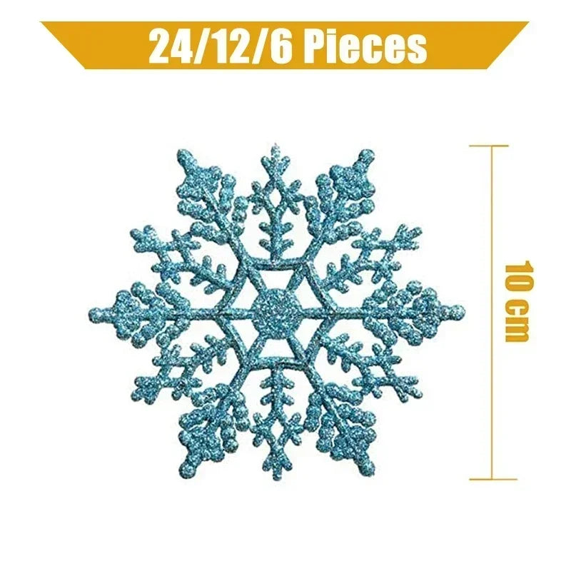 Blue glittery snowflake decoration with quantity and size information on a white background