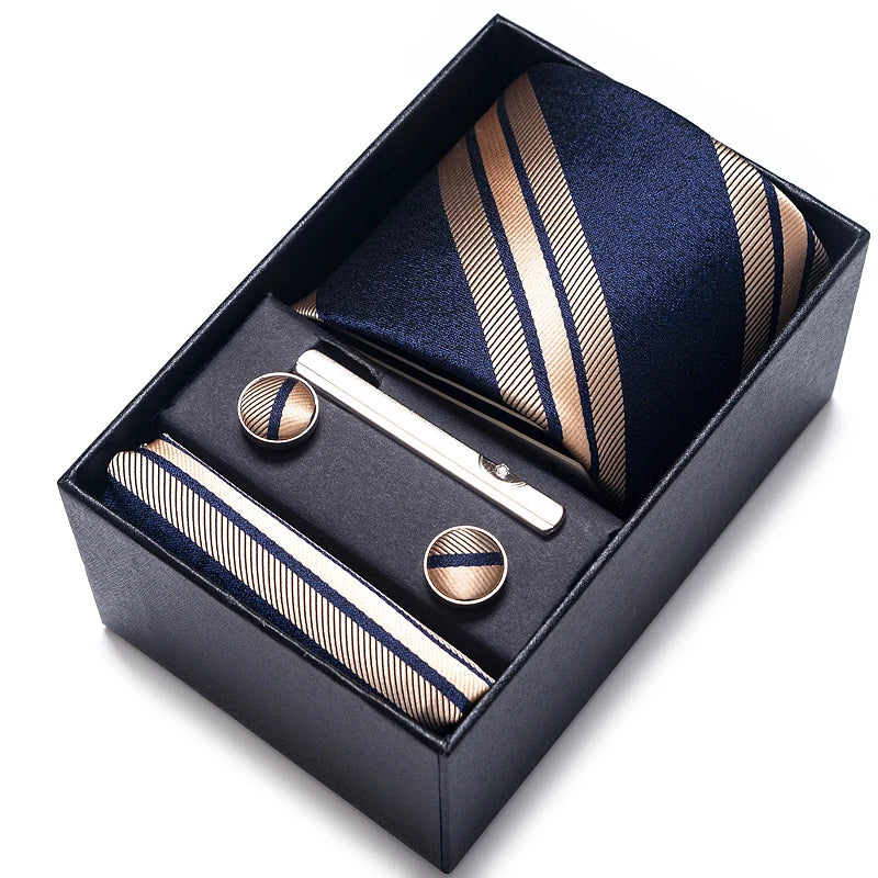 Blue and gold stripe neck tie gift box set for men