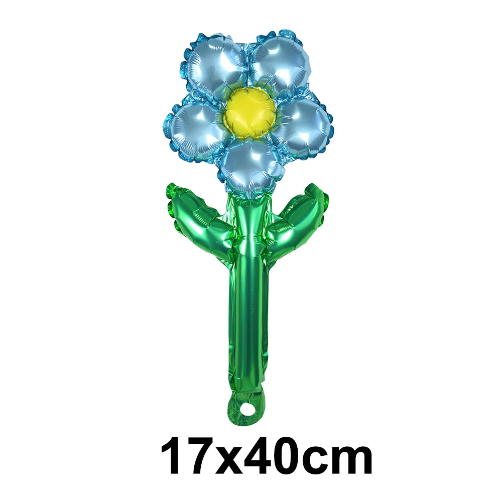 Blue yellow and green handheld flower party balloon
