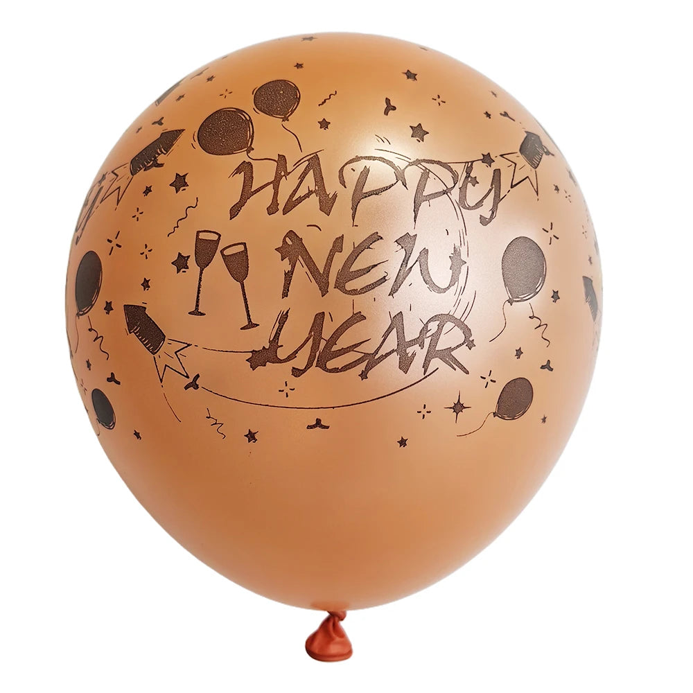 Bronze balloon with 'Happy New Year' text and festive designs on a white background
