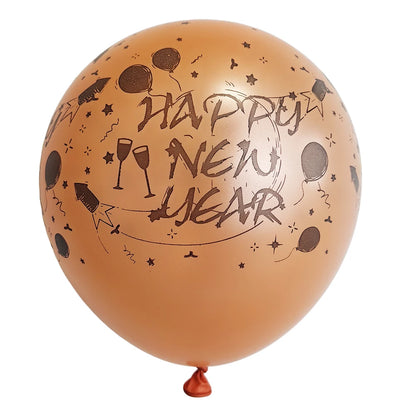 Bronze balloon with 'Happy New Year' text and festive designs on a white background