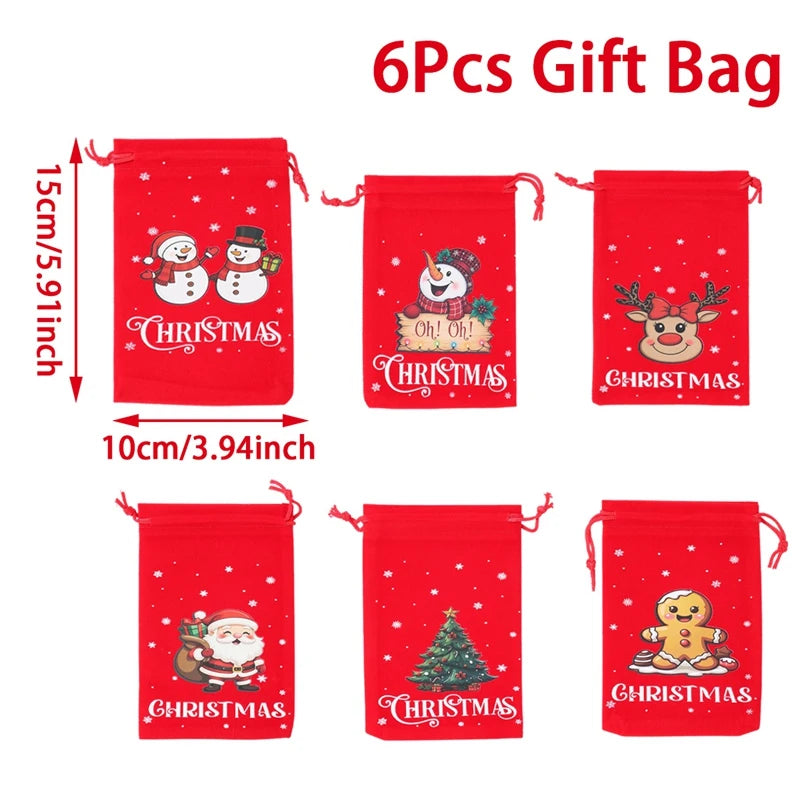 Set of six red Christmas gift bags with festive designs and measurements on a white background.