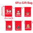 Set of six red Christmas gift bags with festive designs and measurements on a white background.