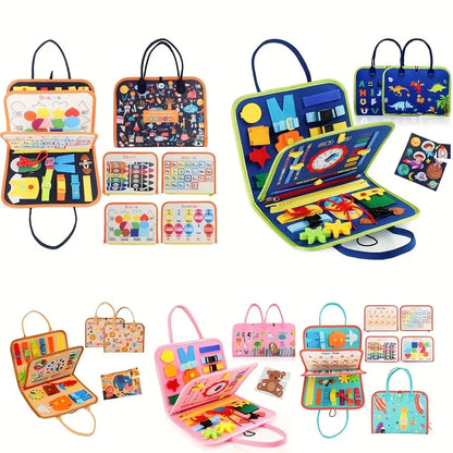 Collection of colourful educational Busy Book toys in various cases on a white background