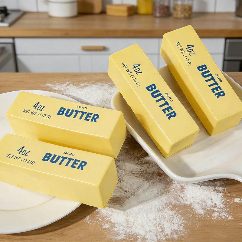 Four sticks of butter squishies on a kitchen counter with flour.