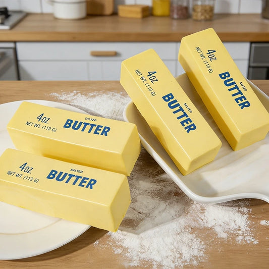 Four sticks of butter squishies on a kitchen counter with flour.