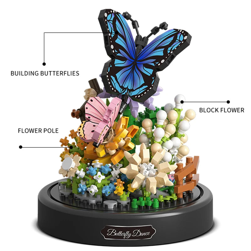 Butterfly-themed building block set with labeled components on a white background