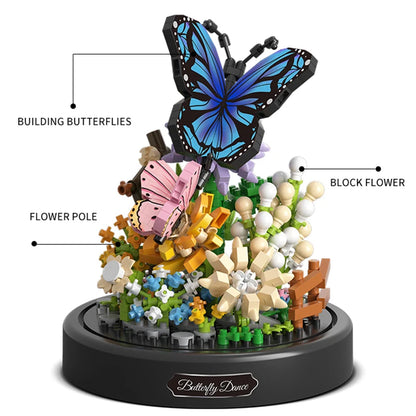 Butterfly-themed building block set with labeled components on a white background