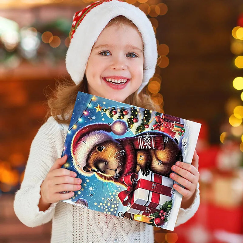 Child wearing a Santa hat holding a Christmas-themed book with blurred festive background