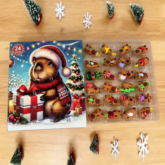 Advent calendar with a bear holding a gift and a set of gingerbread cookies on a wooden surface.
