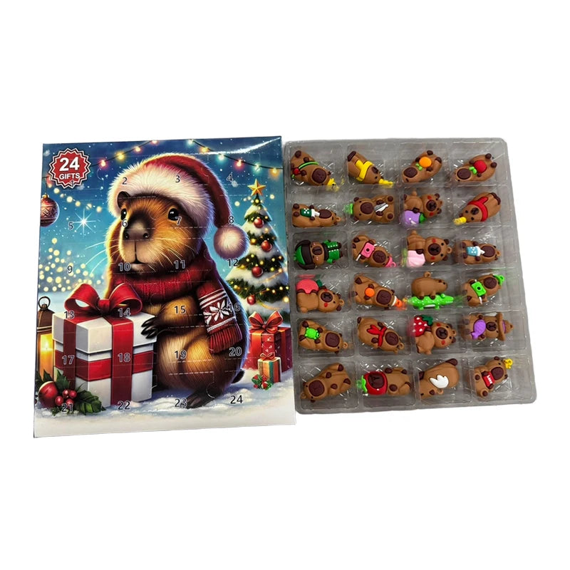Advent calendar with a Capybara design and small bear figurines inside
