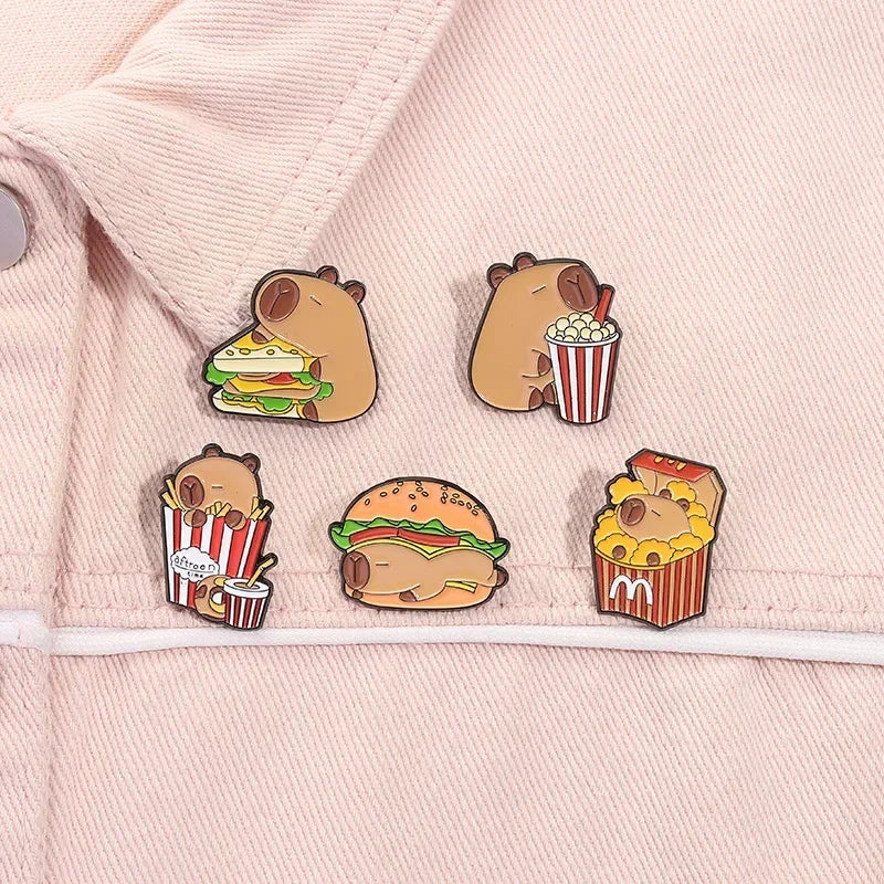 Capybara pin brooch burger sandwich fries badge