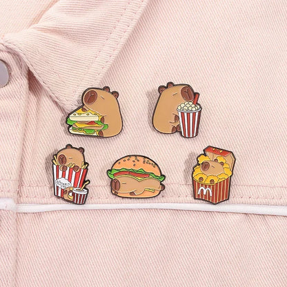 Capybara pin brooch burger sandwich fries badge