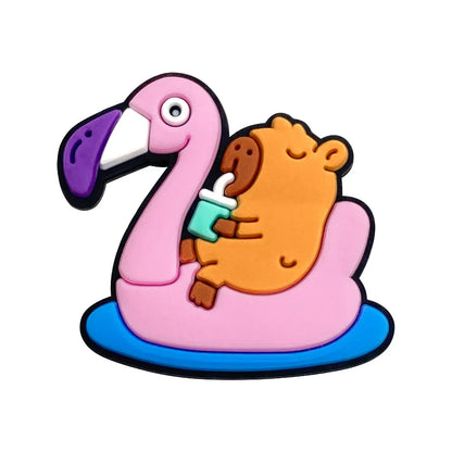 Pink flamingo with a capybara sitting on its back, on a white background