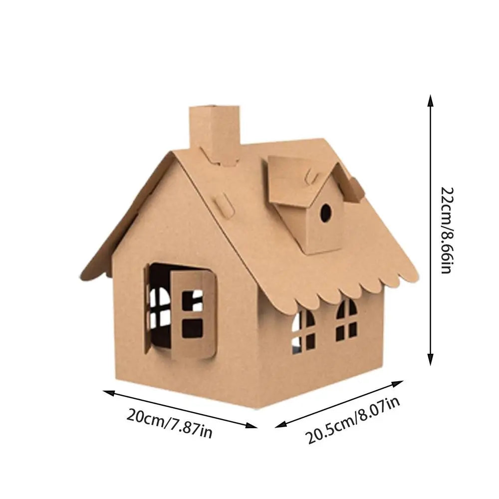 Cardboard Christmas house model with dimensions indicated on a white background DIY Craft