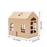 Cardboard house-shaped box with cut-out windows and dimensions on a white background. diy craft