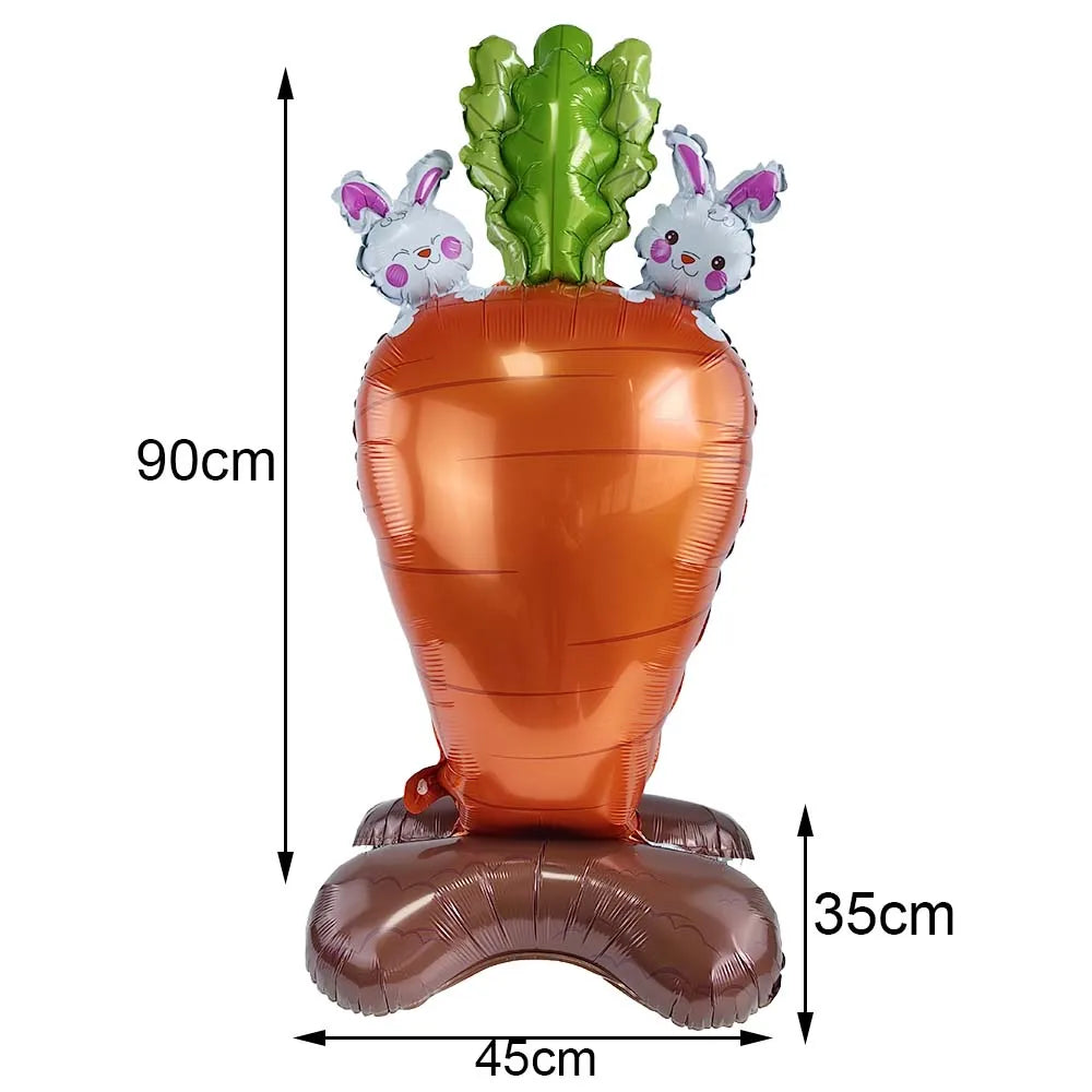 Carrot-shaped balloon with bunny figures and measurements on a white background