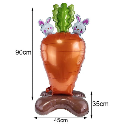 Carrot-shaped balloon with bunny figures and measurements on a white background