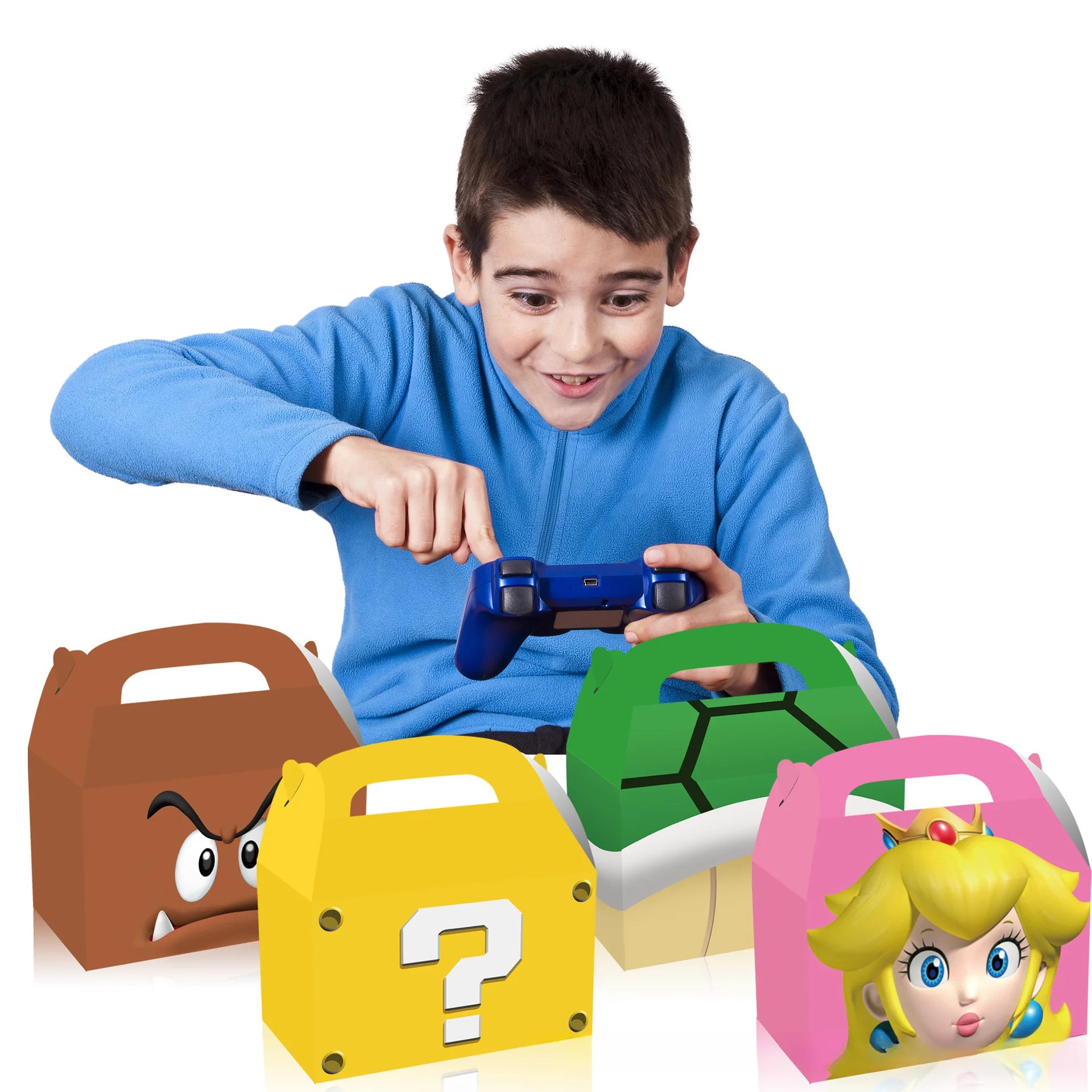 Child playing with a gaming controller surrounded by colorful carrying cases with character designs on a white background