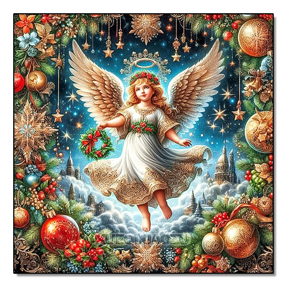 Diamond Art Craft kit  image of an angel surrounded by Christmas ornaments and stars.