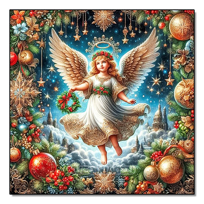 Diamond Art Craft kit  image of an angel surrounded by Christmas ornaments and stars.