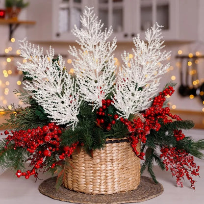 Decorative basket with white and red floral arrangements on a blurred festive background Christmas Artificial White Pine Needles Branche
