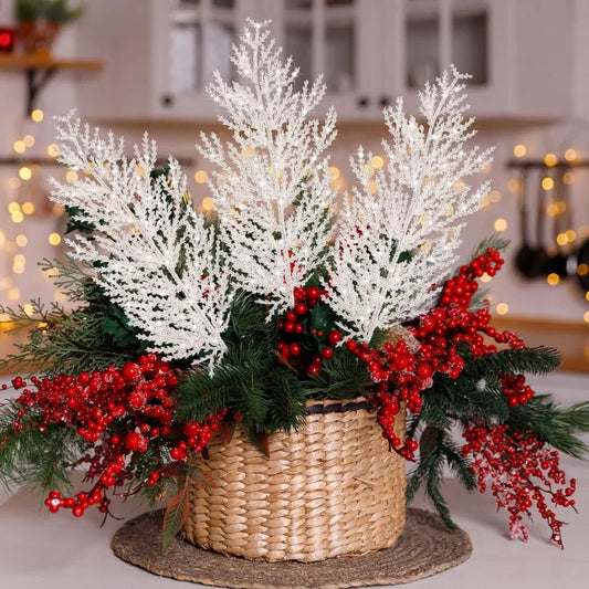 Decorative basket with white and red floral arrangements on a blurred festive background Christmas Artificial White Pine Needles Branche