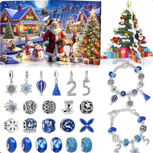 Collection of Christmas-themed jewelry DIY Advent Calendar with Santa Claus, reindeer, and snowmen on a festive background.