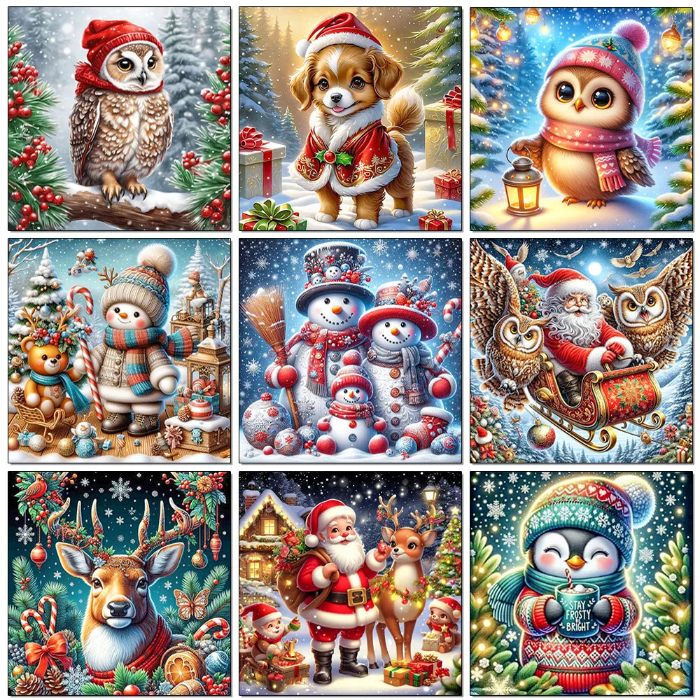 Set of Christmas-themed diamond painting kits with various characters including an owl, dog, and Santa Claus.