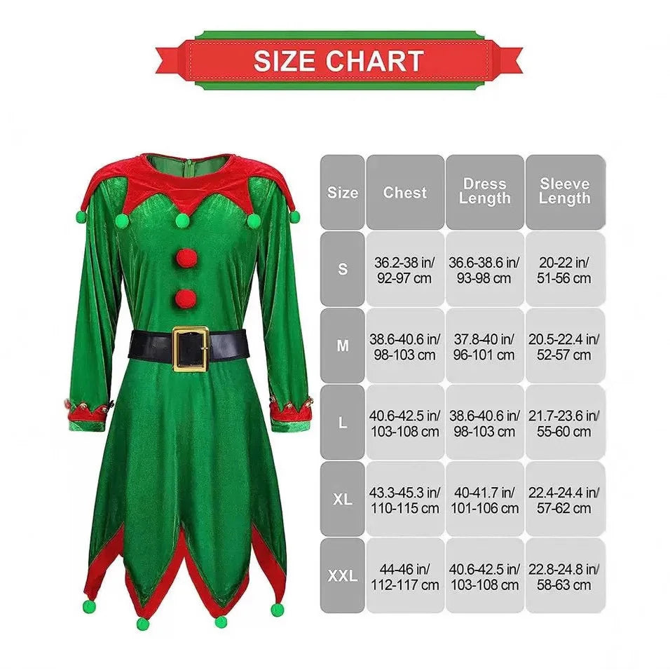 Green elf costume with size chart on a white background