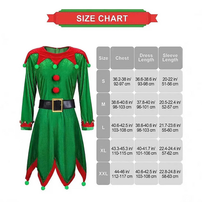 Green elf costume with size chart on a white background