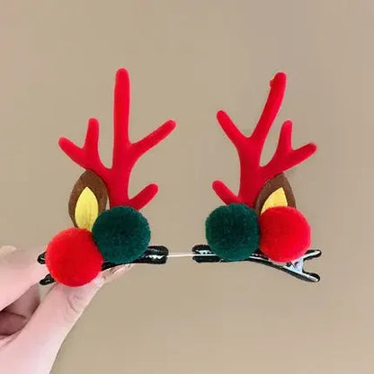 Christmas Reindeer ears Hair Clips with red and green pom poms