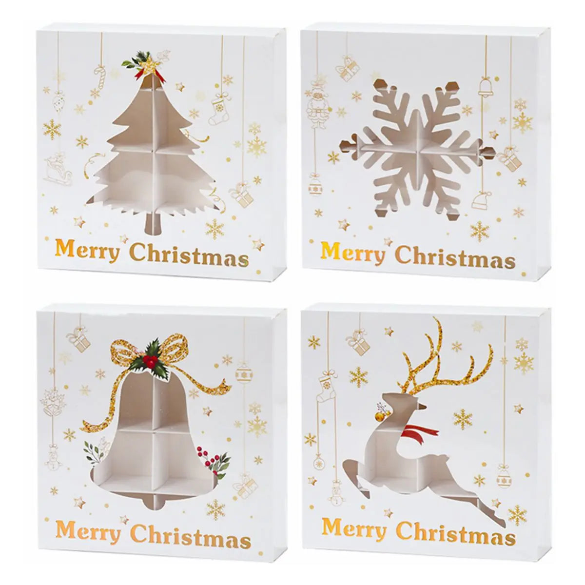 Christmas Treat boxes Christmas tree, snowflake, bell, reindeer