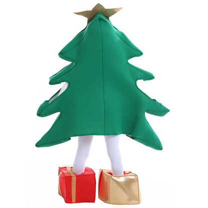 Christmas tree costume with star on head and presents on feet on a white background