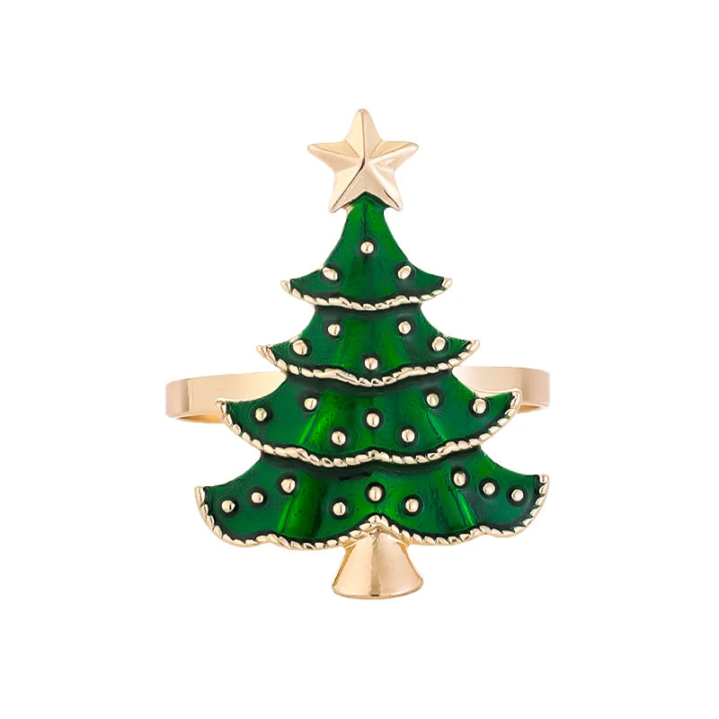 Green Christmas tree-shaped brooch with gold accents on a white background